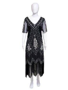 BABEYOND Black Flapper Fringe Dress with Silver Beading and Sequins